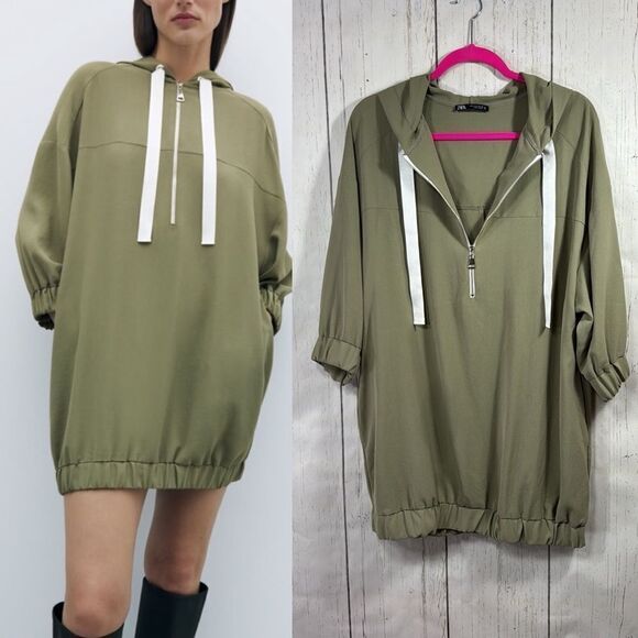 Zara Olive Green Oversized Hoodie Dress with Half Zip Size M Streetwear Edgy - Picture 1 of 16